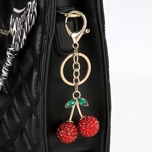 NEW! Sparkly Crystal Rhinestone Red Cherry Bag Charm / Keychain with Gold Tone!